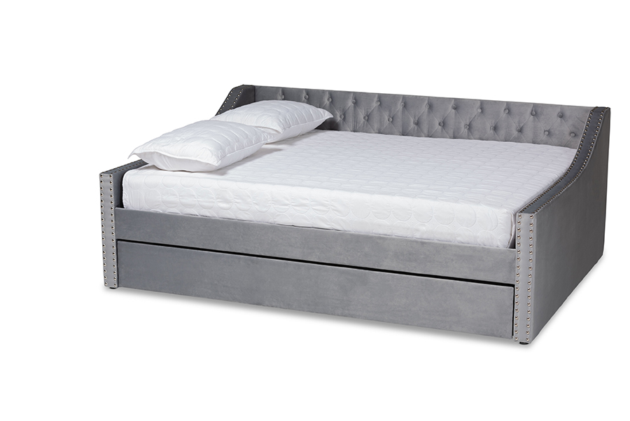 Baxton Studio Raphael Modern and Contemporary Grey Velvet Fabric Upholstered Full Size Daybed with Trundle