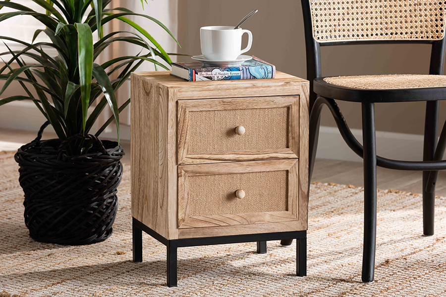 Baxton Studio Lalette Mid-Century Modern Oak Brown Finished Wood and Black Metal 2-Drawer Nightstand